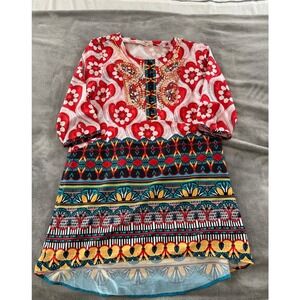 Soft Surroundings Embroidered Beaded Tunic Dress Red Floral Print Bohemia Size S